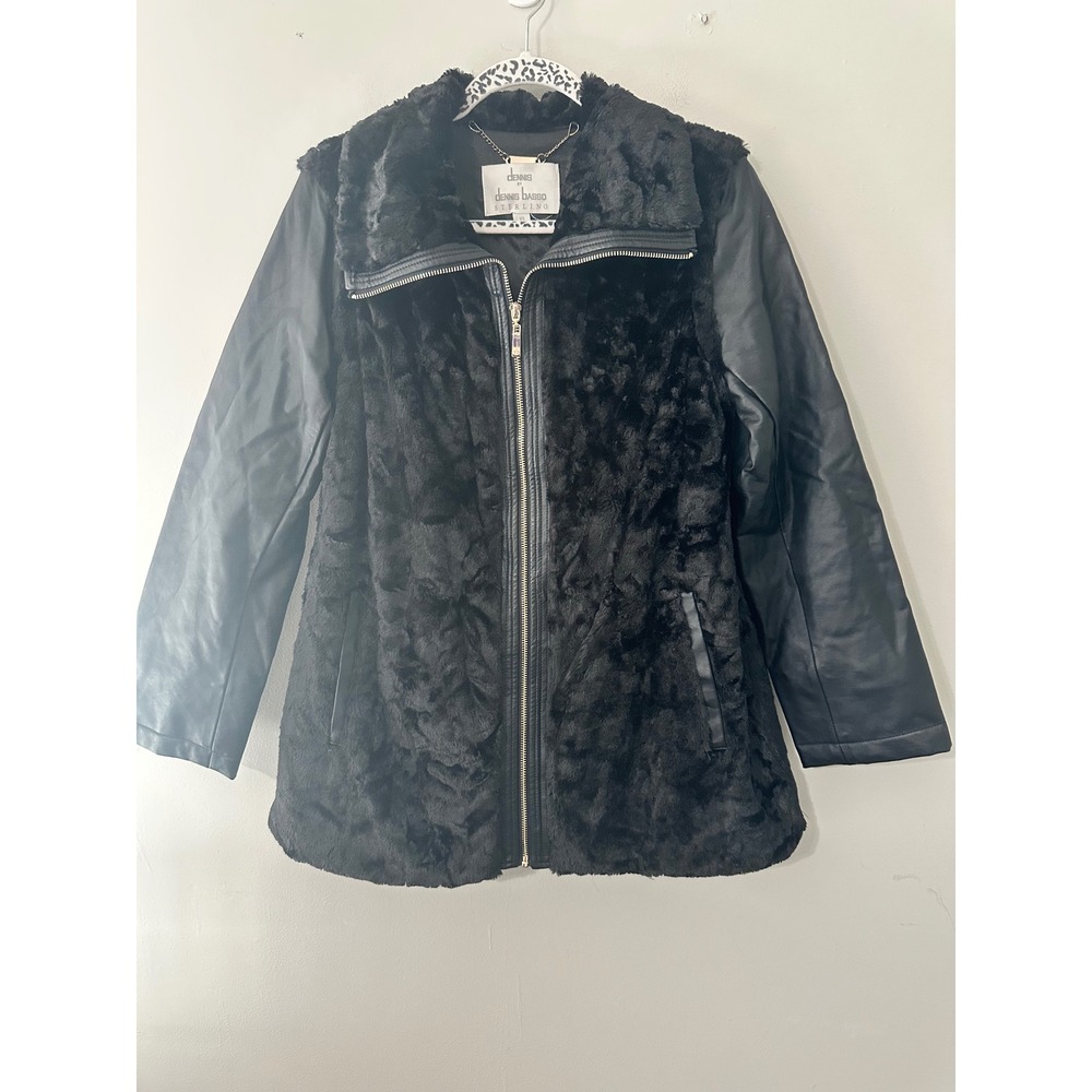 DENNIS BY DENNIS BASSO STERLING Black Faux Fur Leather Moto Jacket XS‎